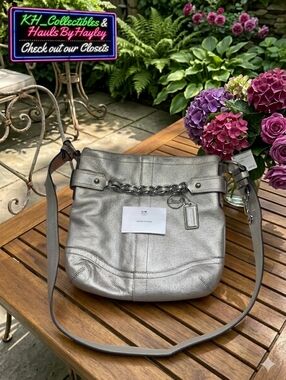 2012 Coach Metallic Silver Leather Chain Duffle Crossbody #F19722 (NWT)